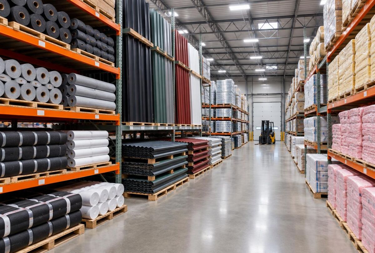 Warehouse aisles stocked with roofing materials